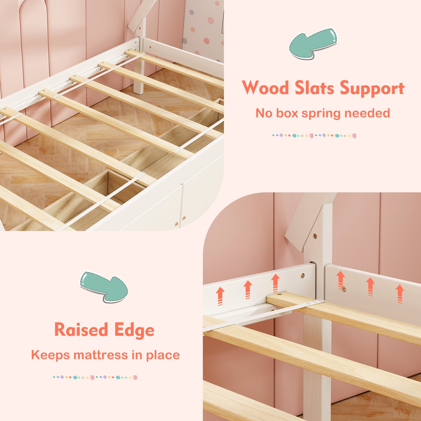 Twin Size Wooden Tent Platform House Bed with 2 Drawers-White Kids Crystal