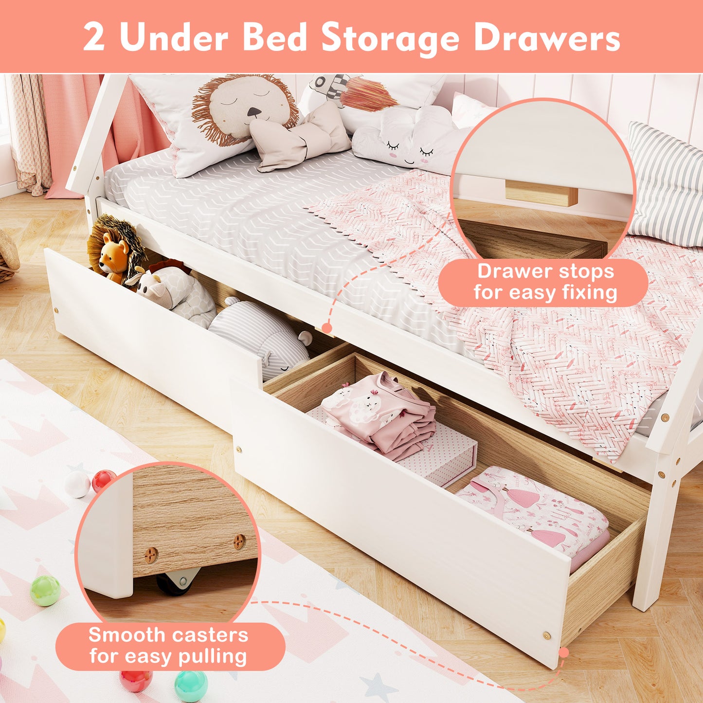 Twin Size Wooden Tent Platform House Bed with 2 Drawers-White Kids Crystal
