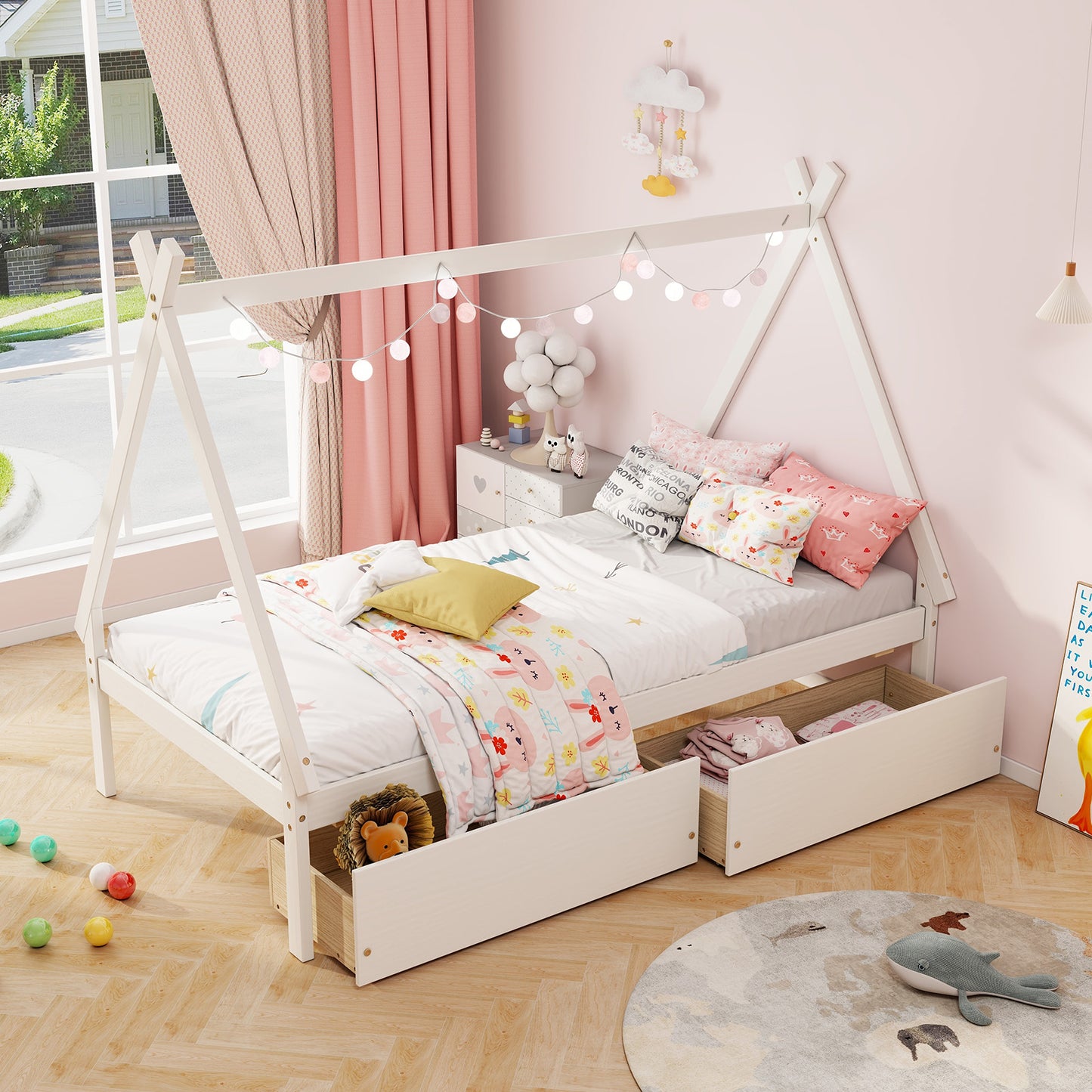 Twin Size Wooden Tent Platform House Bed with 2 Drawers-White Kids Crystal