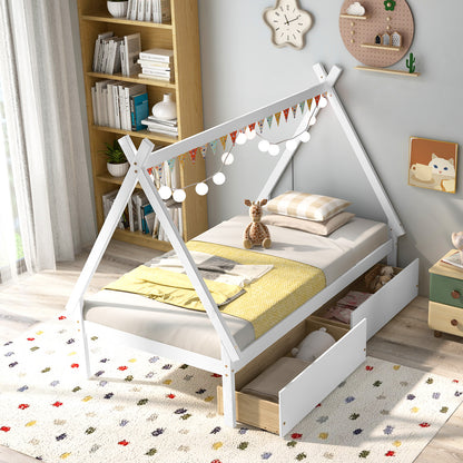 Twin Size Wooden Tent Platform House Bed with 2 Drawers-White
