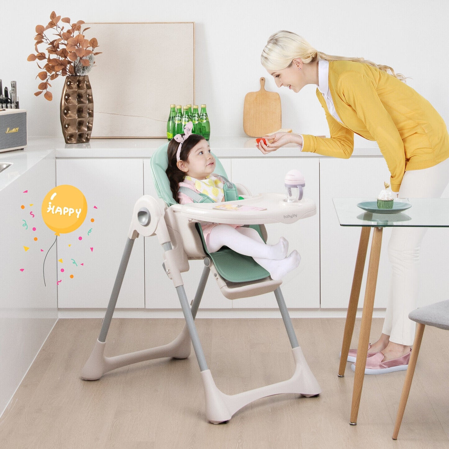 Baby Folding High Chair Dining Chair with Adjustable Height and Footrest-Green Kids Crystal
