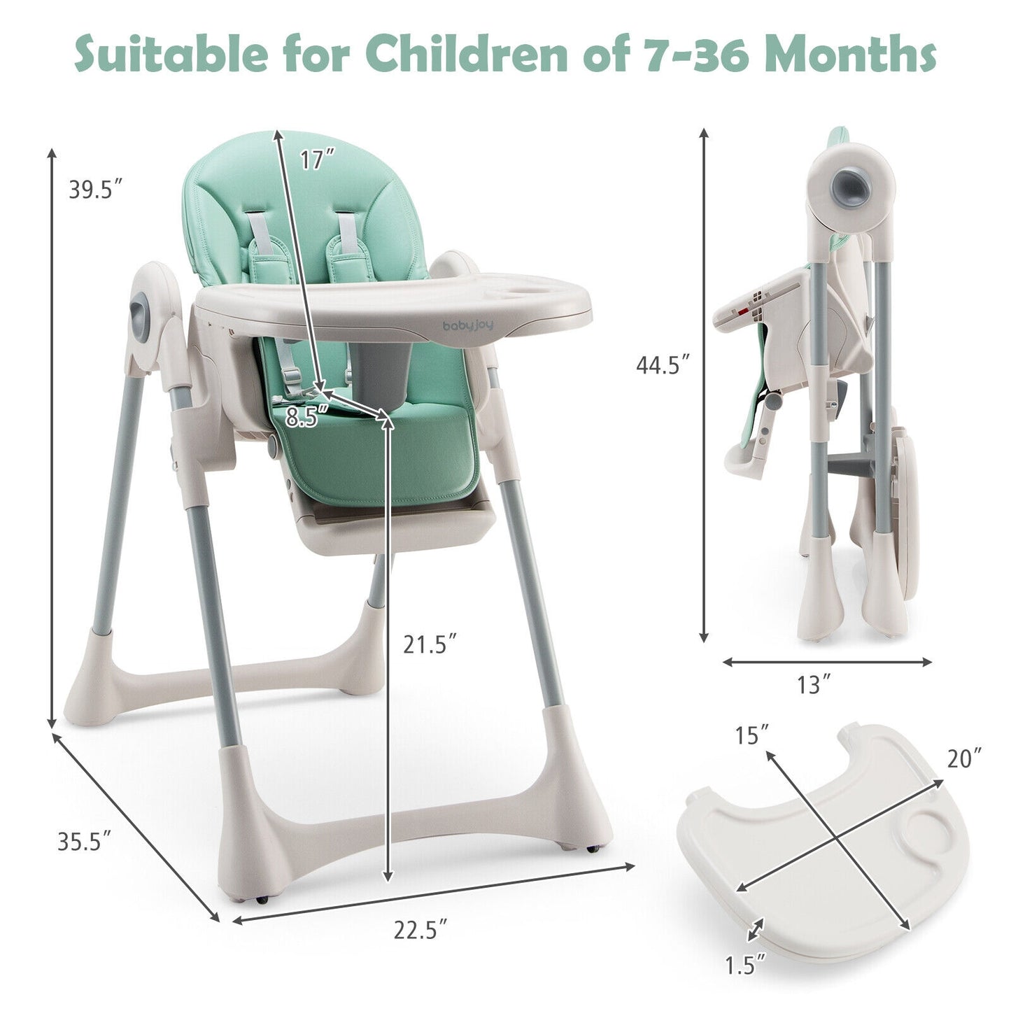Baby Folding High Chair Dining Chair with Adjustable Height and Footrest-Green Kids Crystal