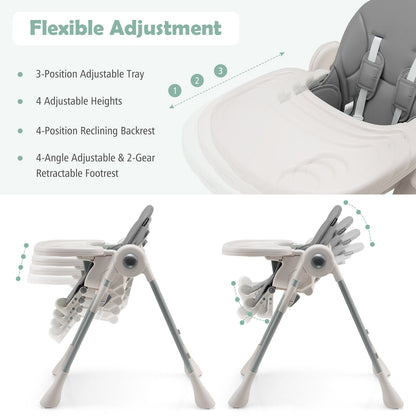 Baby Folding High Chair Dining Chair with Adjustable Height and Footrest-Gray