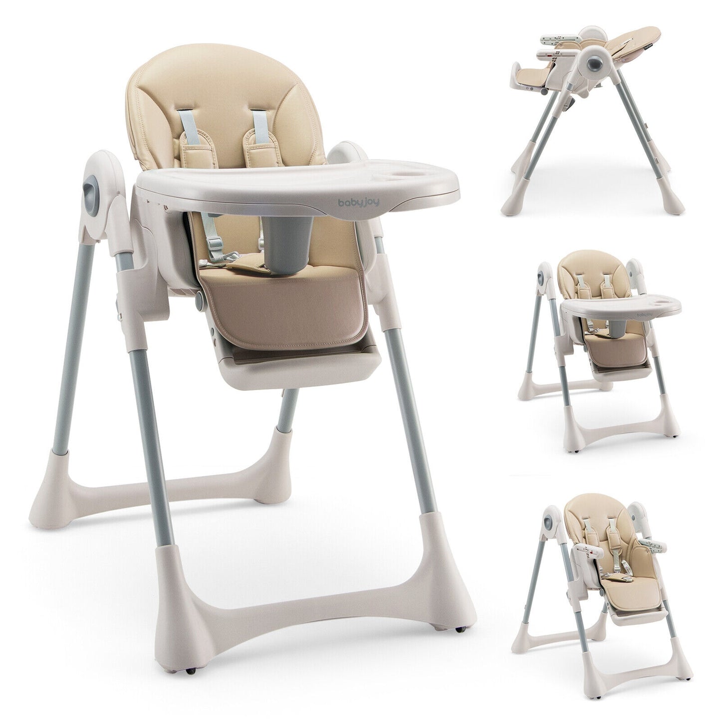 Baby Folding High Chair Dining Chair with Adjustable Height and Footrest-Beige Kids Crystal