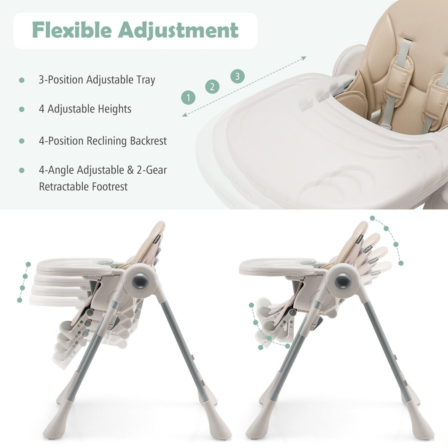 Baby Folding High Chair Dining Chair with Adjustable Height and Footrest-Beige Kids Crystal