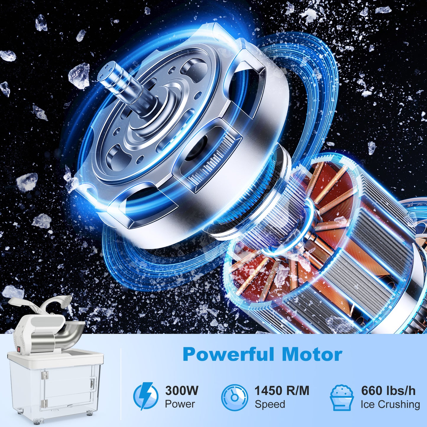 300W Commercial Ice Crusher with Dual Blades and Safety Switch-White Kids Crystal