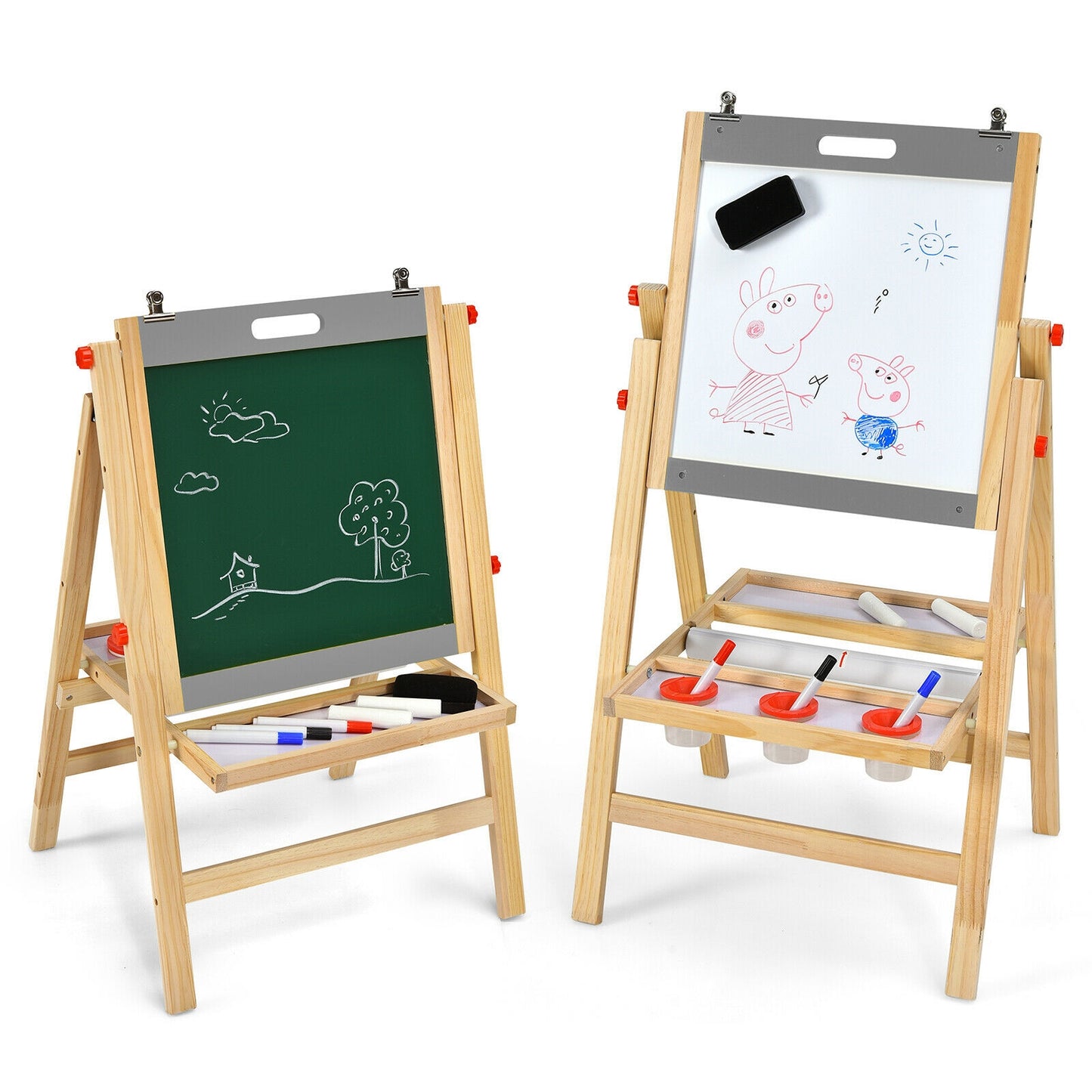 Kids Art Easel with Paper Roll Double Sided Chalkboard and Whiteboard-Gray Kids Crystal