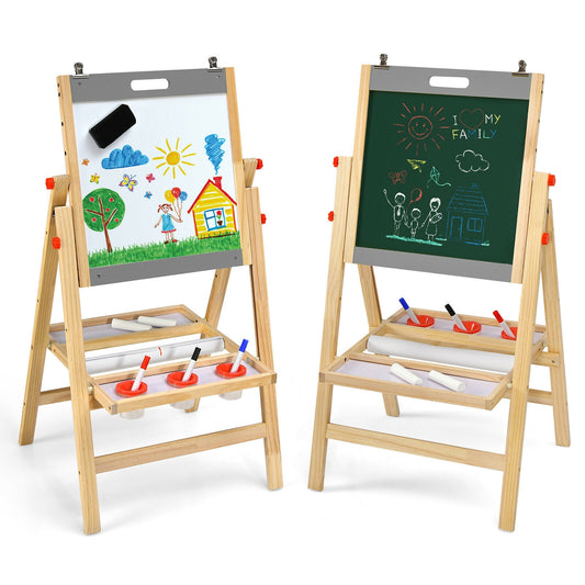 Kids Art Easel with Paper Roll Double Sided Chalkboard and Whiteboard-Gray Kids Crystal