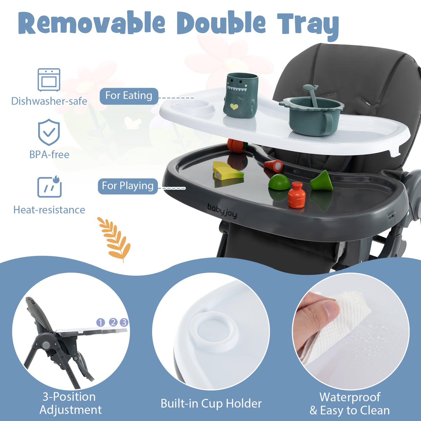 3-In-1 Convertible Baby High Chair with 7 Heights and Double Food Tray-Dark Gray Kids Crystal