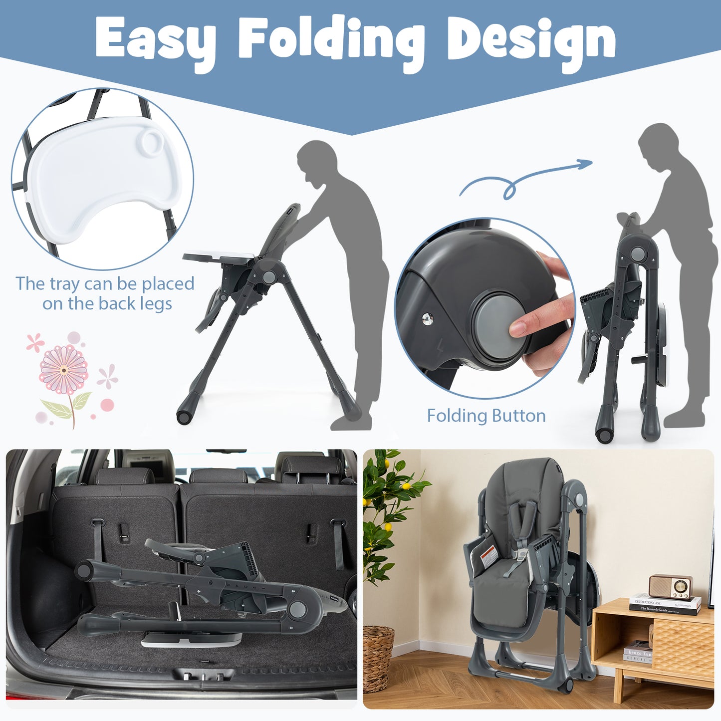 3-In-1 Convertible Baby High Chair with 7 Heights and Double Food Tray-Dark Gray Kids Crystal