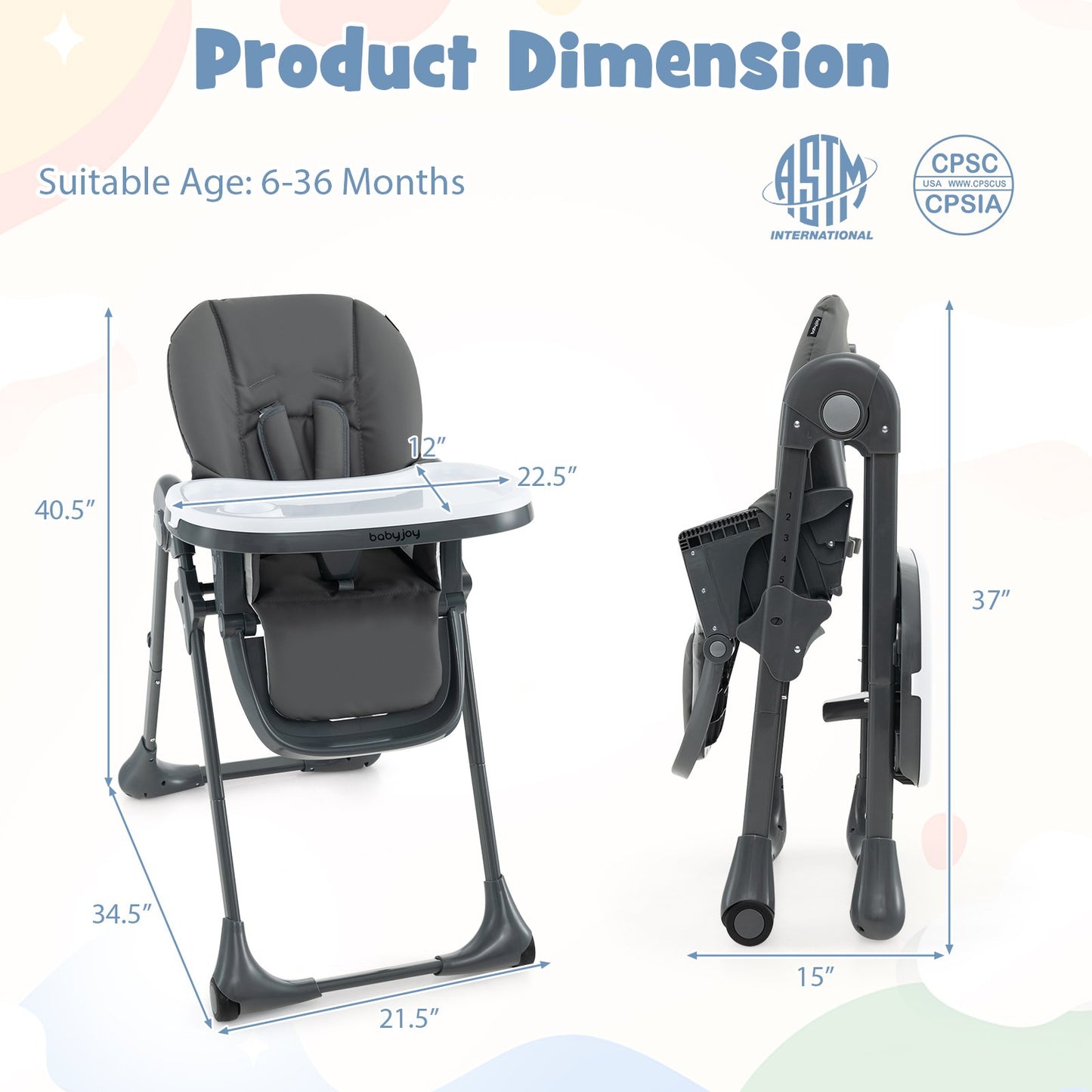 3-In-1 Convertible Baby High Chair with 7 Heights and Double Food Tray-Dark Gray Kids Crystal