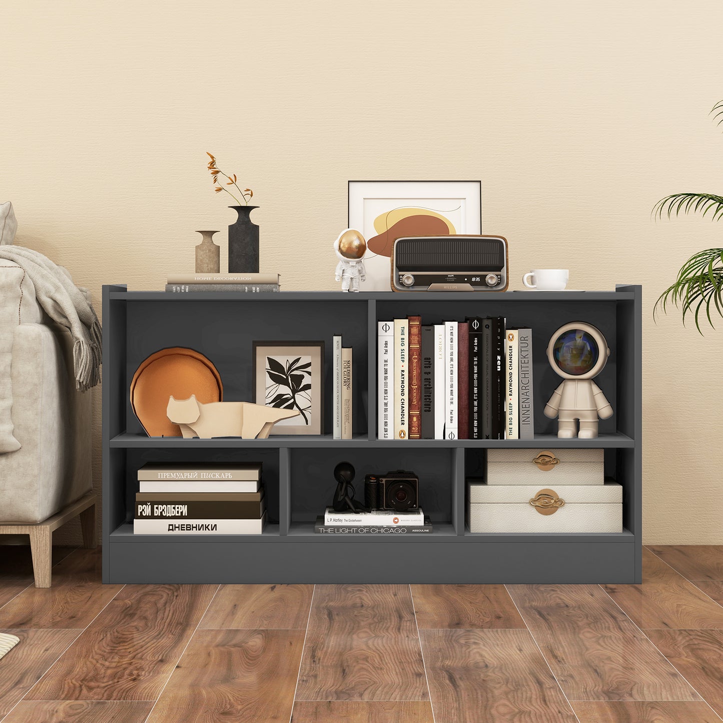 Kids 2-Shelf Bookcase 5-Cube Wood Toy Storage Cabinet Organizer-Gray Kids Crystal