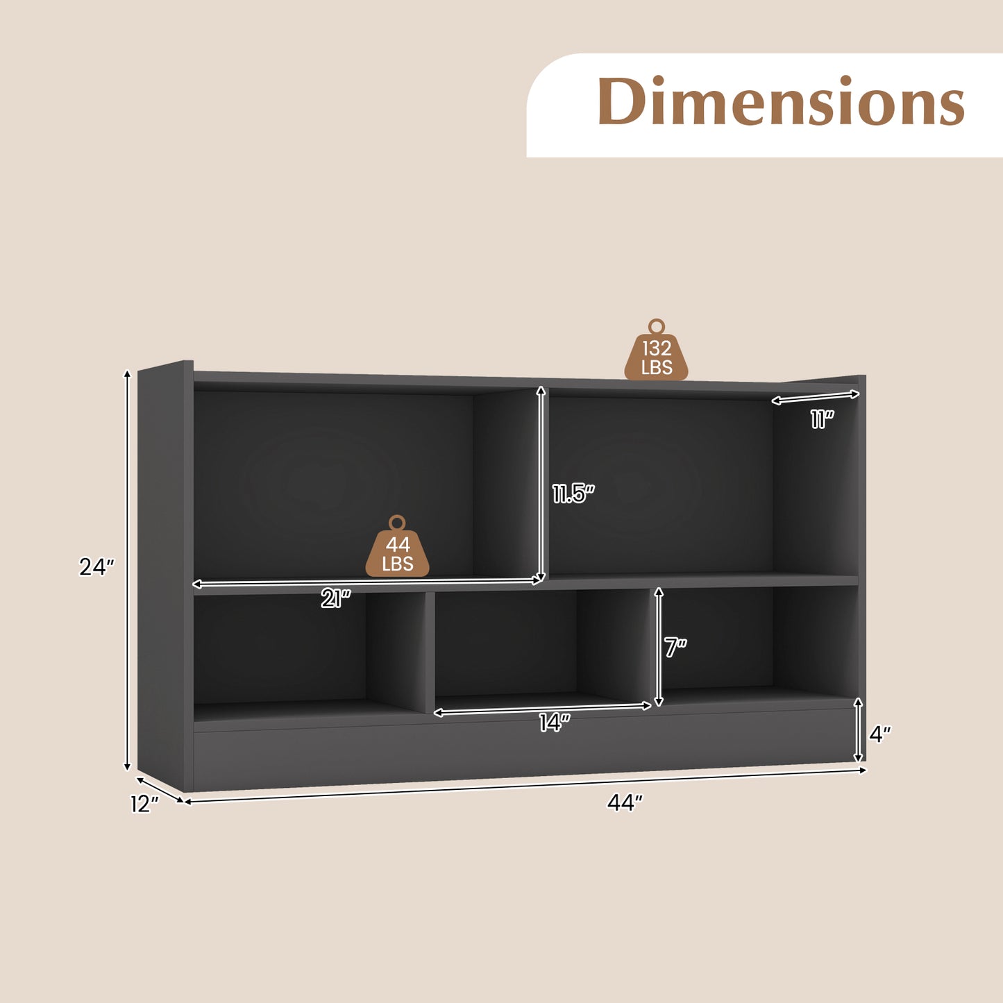 Kids 2-Shelf Bookcase 5-Cube Wood Toy Storage Cabinet Organizer-Gray Kids Crystal