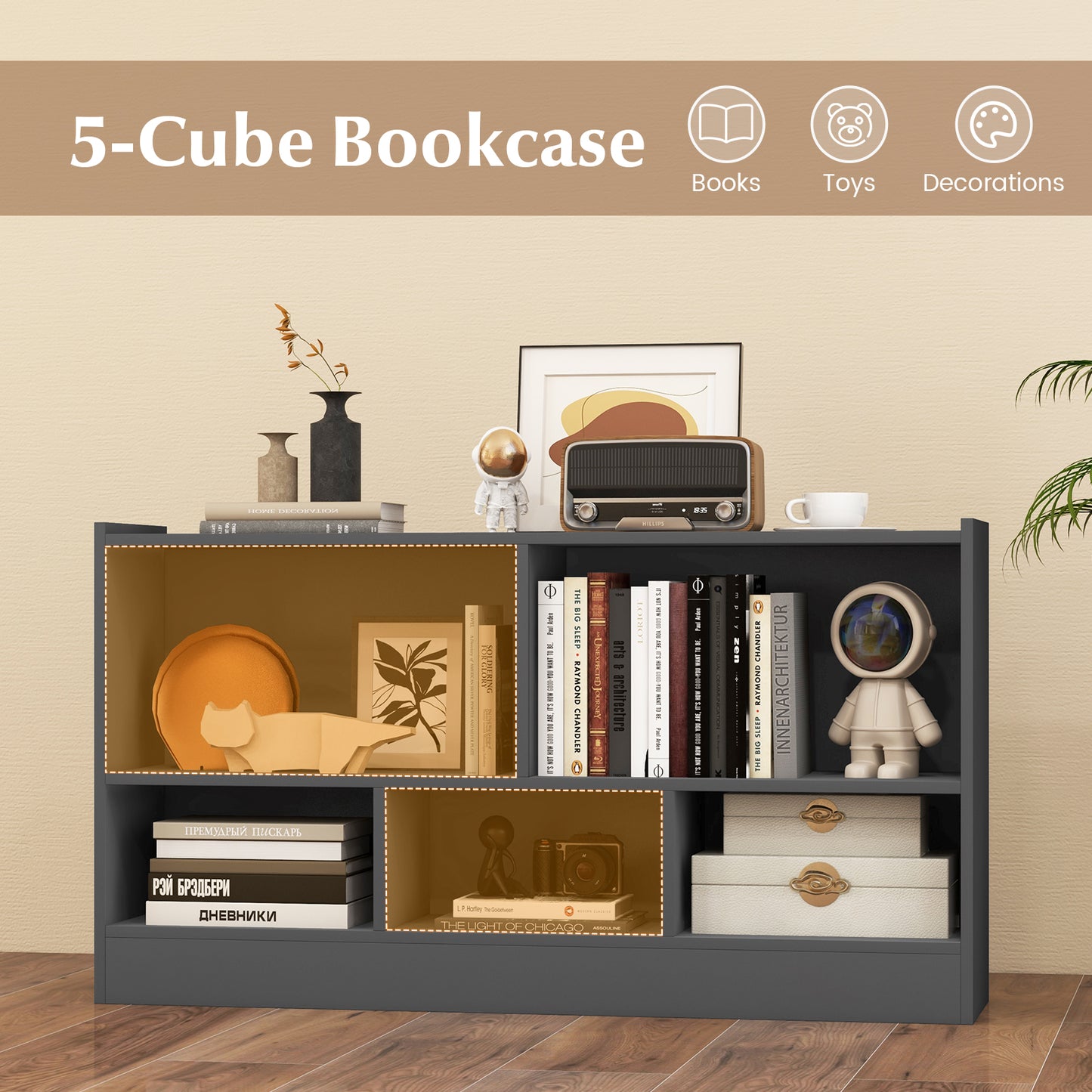 Kids 2-Shelf Bookcase 5-Cube Wood Toy Storage Cabinet Organizer-Gray Kids Crystal