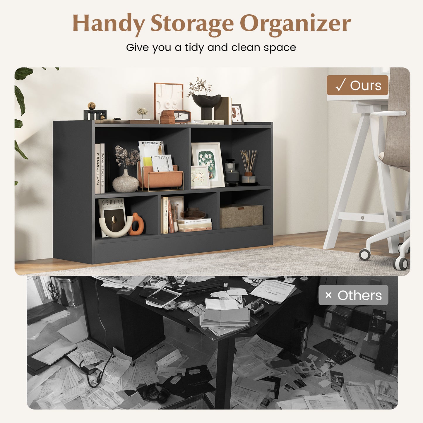 Kids 2-Shelf Bookcase 5-Cube Wood Toy Storage Cabinet Organizer-Gray Kids Crystal