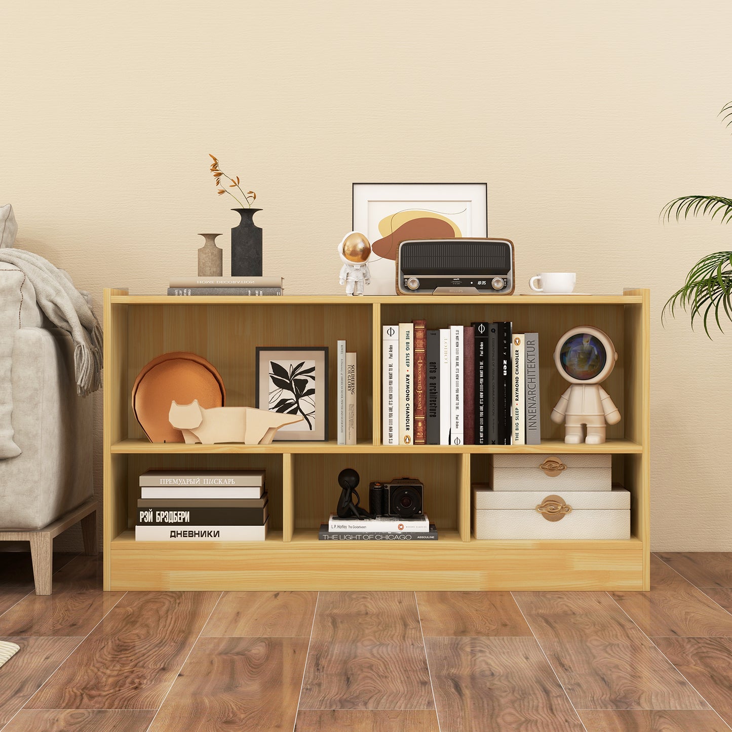 Kids 2-Shelf Bookcase 5-Cube Wood Toy Storage Cabinet Organizer-Beige Kids Crystal