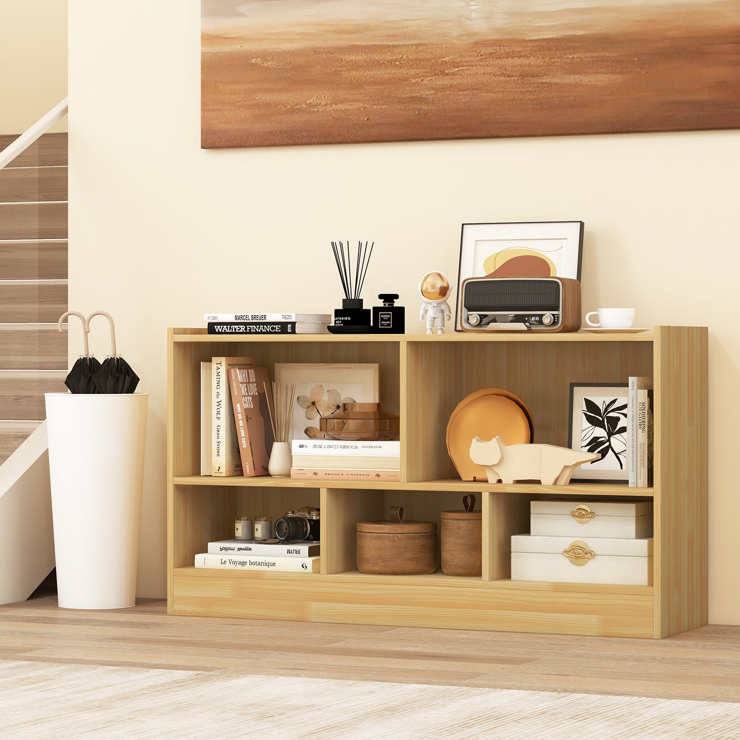 Kids 2-Shelf Bookcase 5-Cube Wood Toy Storage Cabinet Organizer-Beige Kids Crystal