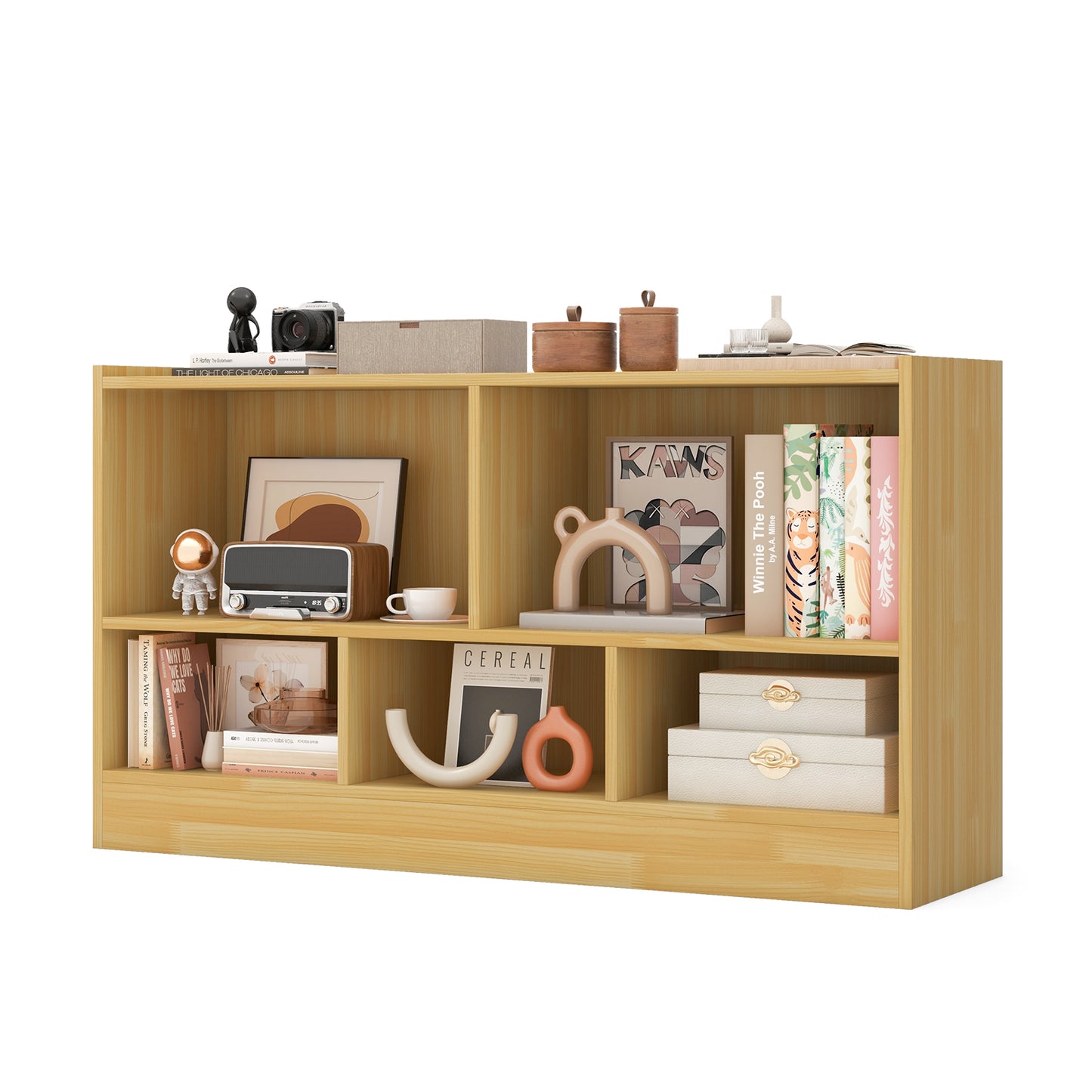 Kids 2-Shelf Bookcase 5-Cube Wood Toy Storage Cabinet Organizer-Beige Kids Crystal