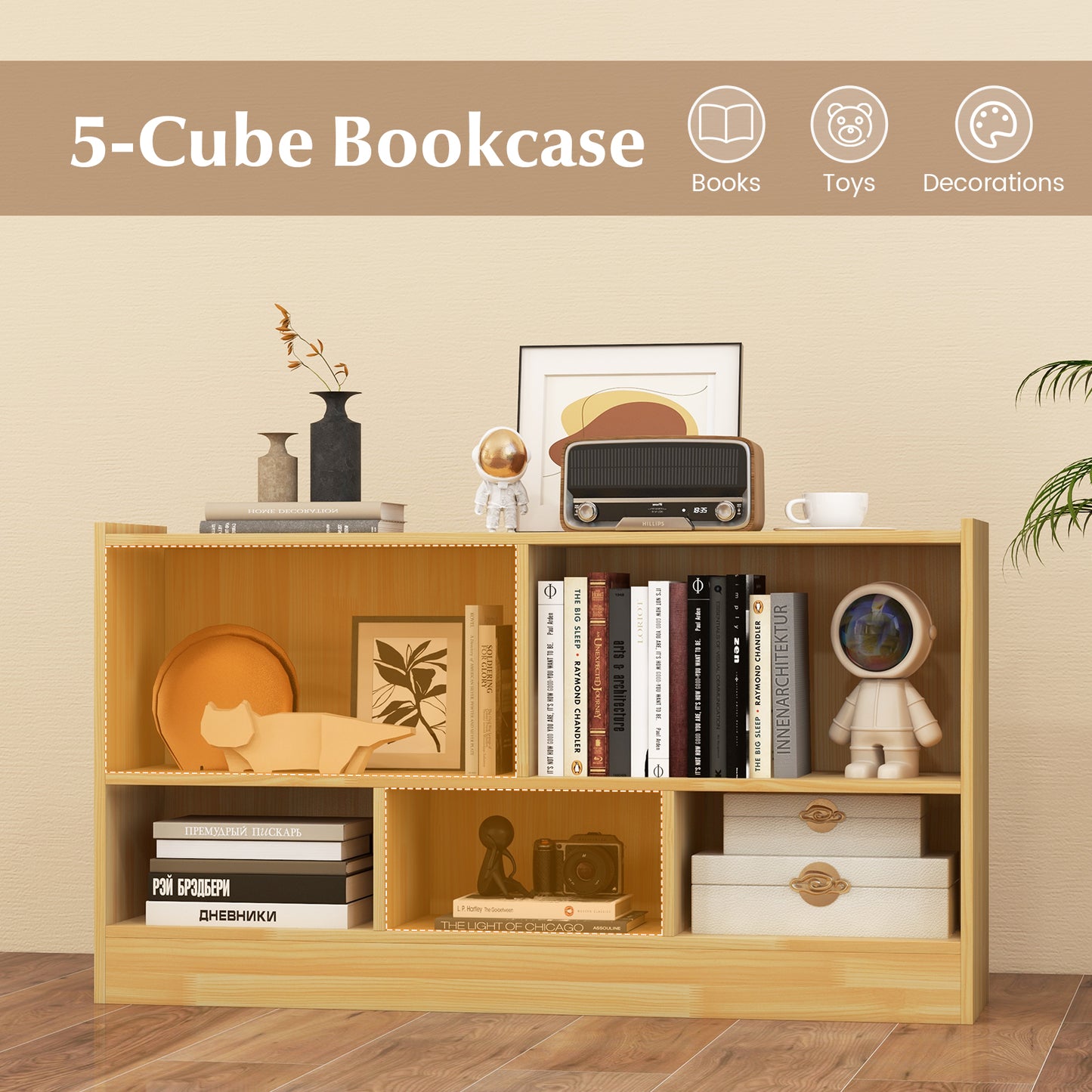 Kids 2-Shelf Bookcase 5-Cube Wood Toy Storage Cabinet Organizer-Beige Kids Crystal