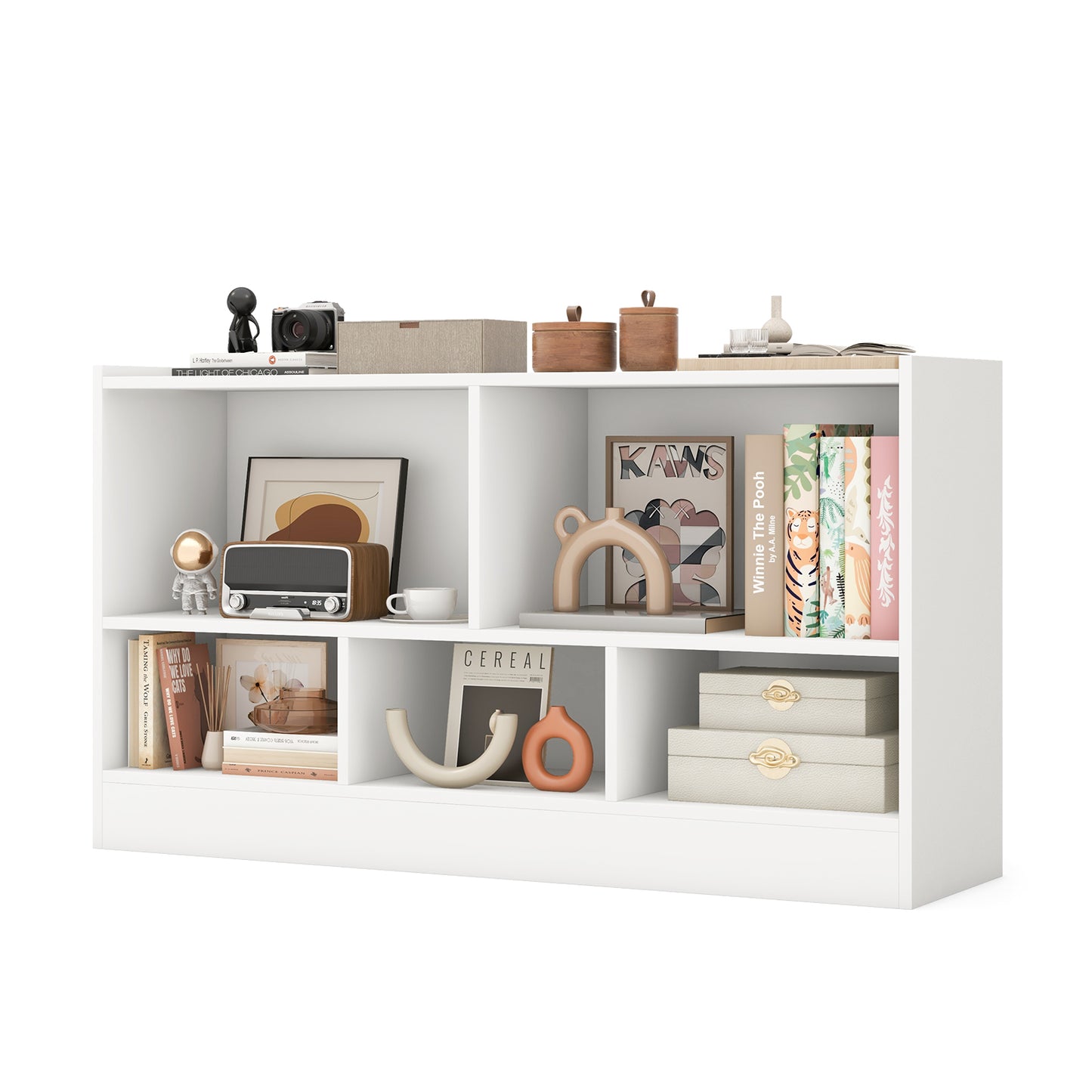 Kids 2-Shelf Bookcase 5-Cube Wood Toy Storage Cabinet Organizer-White Kids Crystal