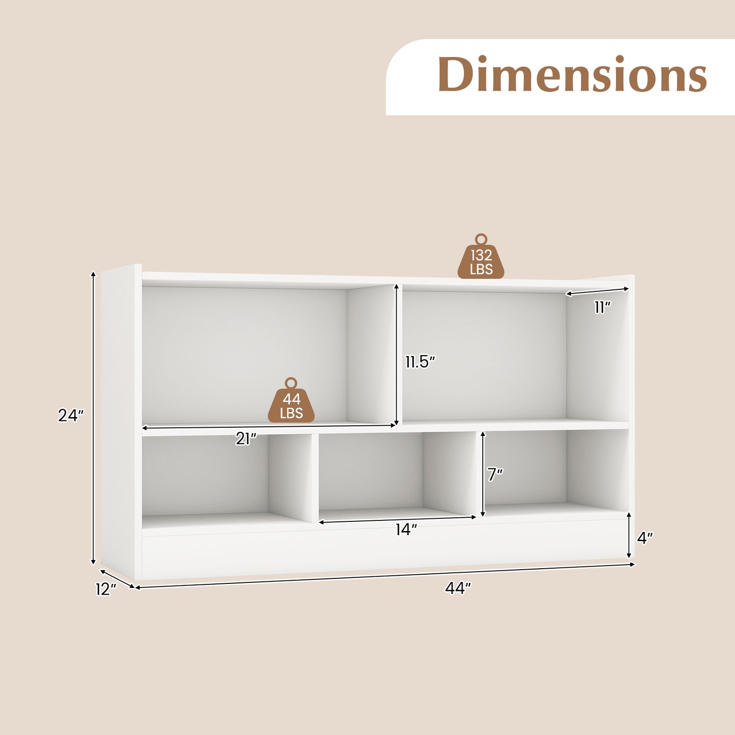 Kids 2-Shelf Bookcase 5-Cube Wood Toy Storage Cabinet Organizer-White Kids Crystal