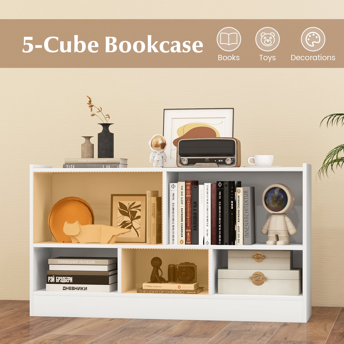 Kids 2-Shelf Bookcase 5-Cube Wood Toy Storage Cabinet Organizer-White Kids Crystal