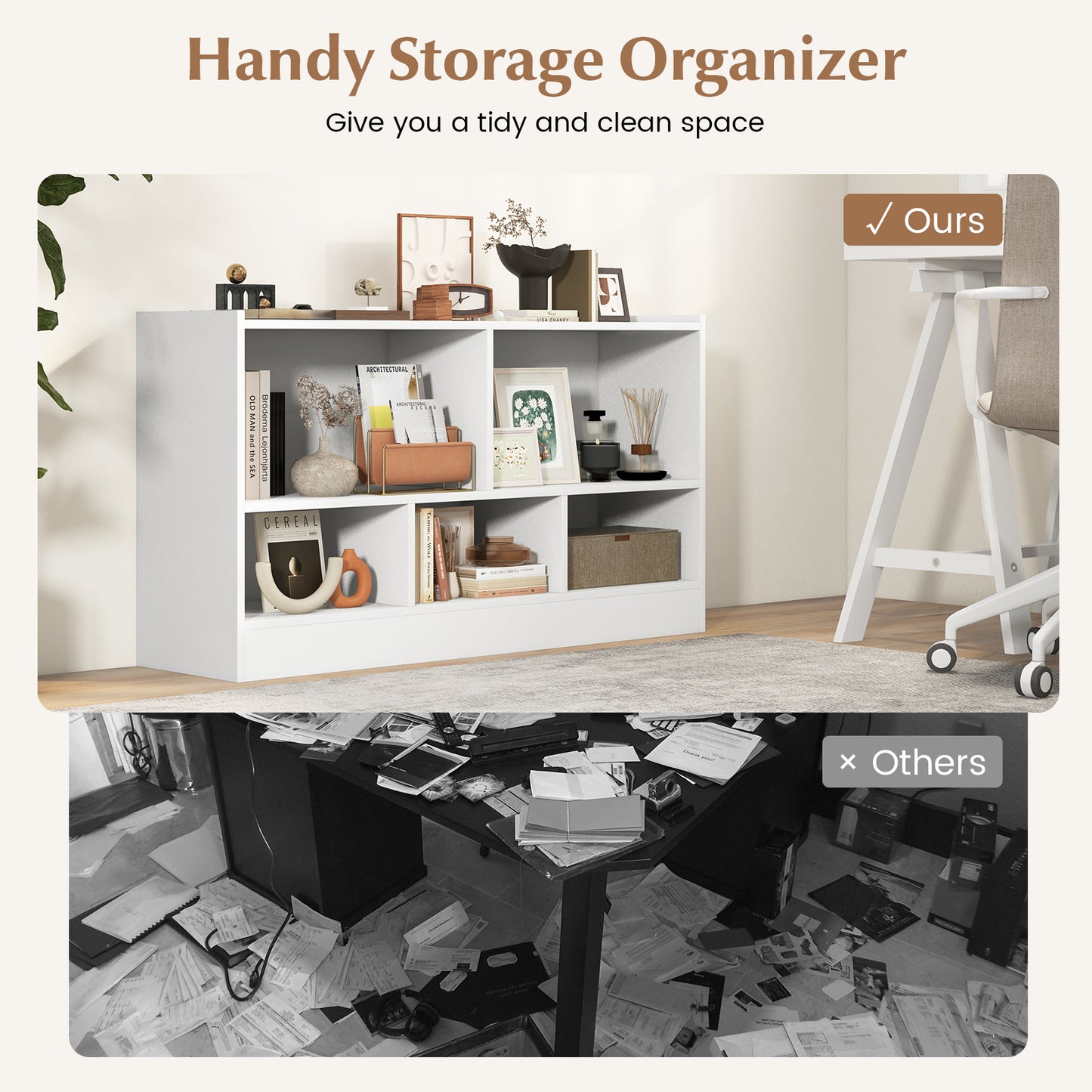 Kids 2-Shelf Bookcase 5-Cube Wood Toy Storage Cabinet Organizer-White Kids Crystal