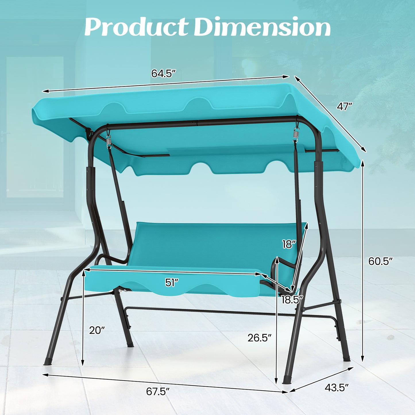 3 Seats Patio Canopy Cushioned Steel Frame Swing Glider Hammock-Blue Kids Crystal