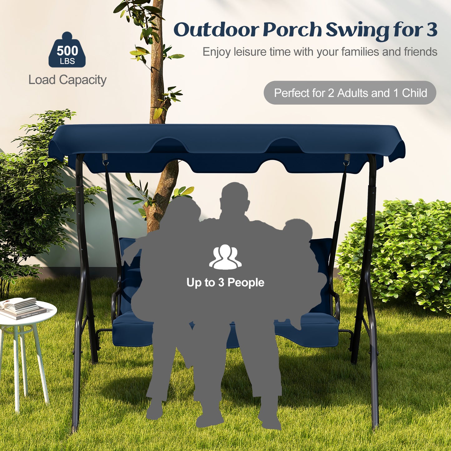 3-Seat Outdoor Patio Canopy Swing with Cushioned Steel Frame-Navy Kids Crystal