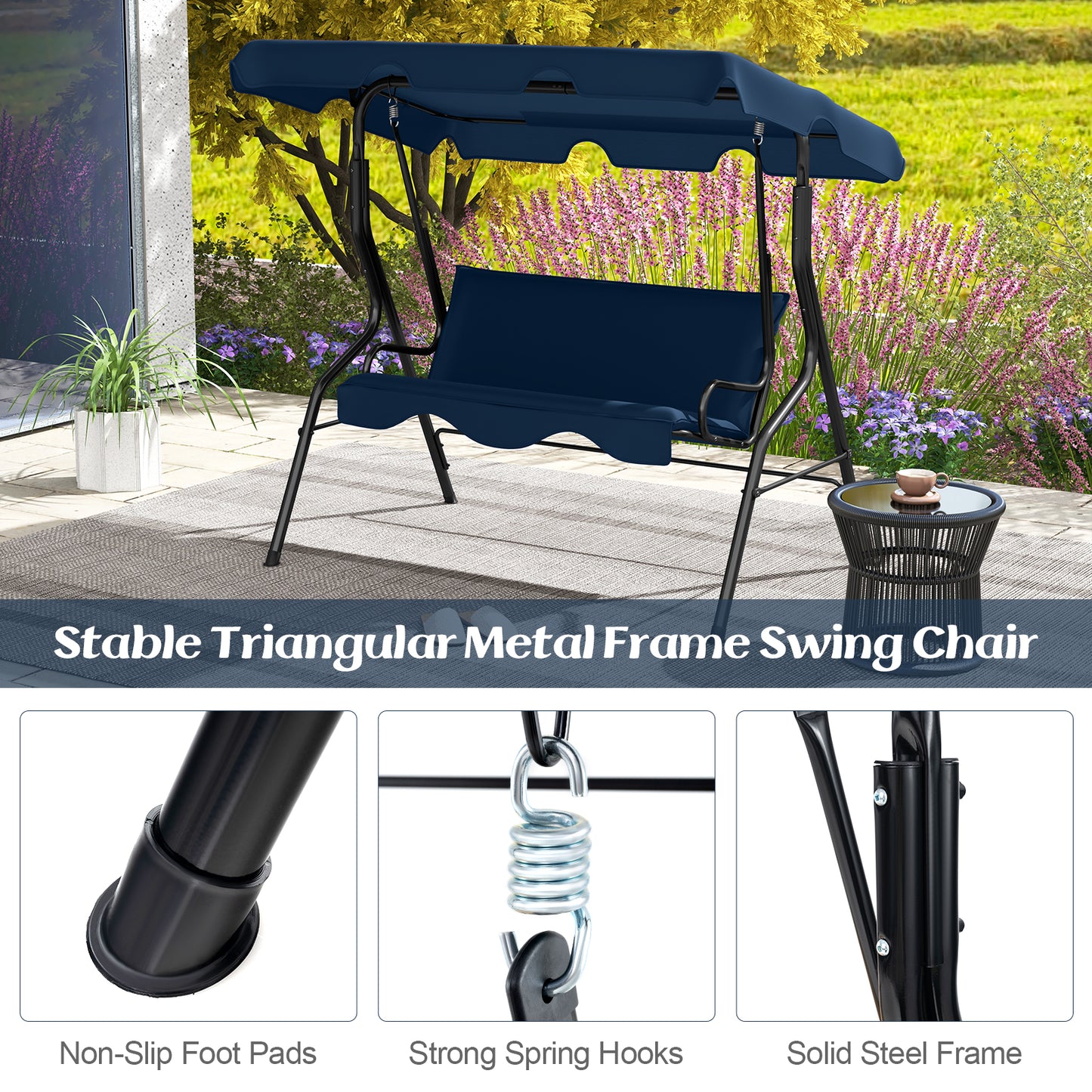 3-Seat Outdoor Patio Canopy Swing with Cushioned Steel Frame-Navy Kids Crystal