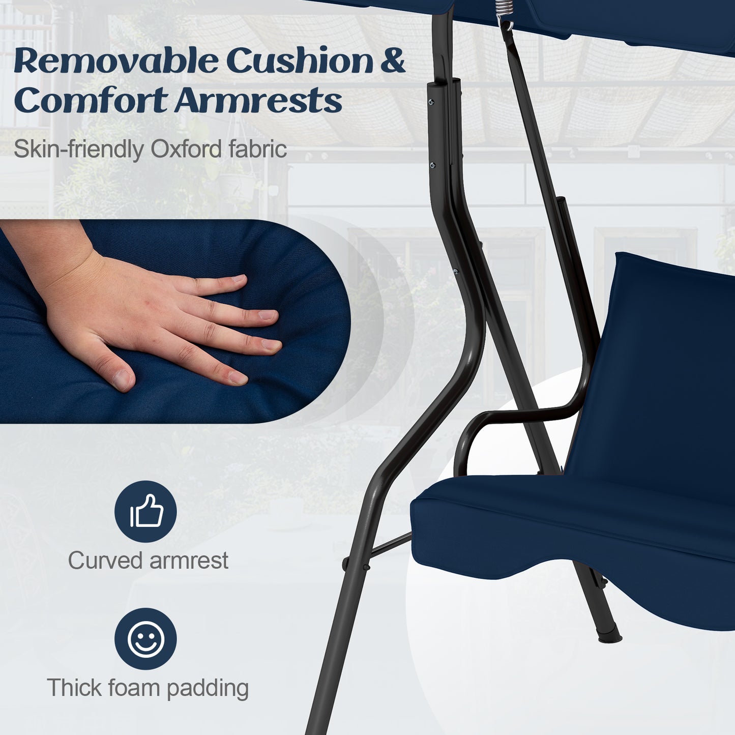 3-Seat Outdoor Patio Canopy Swing with Cushioned Steel Frame-Navy Kids Crystal