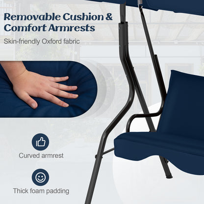 3-Seat Outdoor Patio Canopy Swing with Cushioned Steel Frame-Navy