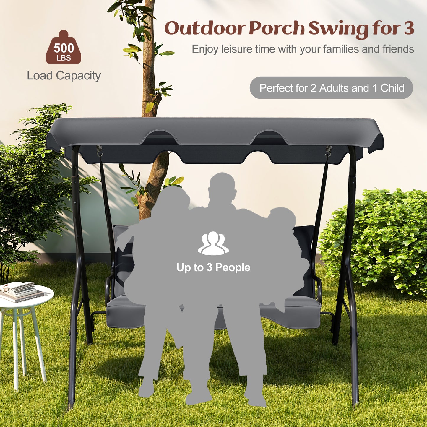 3-Seat Outdoor Patio Canopy Swing with Cushioned Steel Frame-Gray Kids Crystal