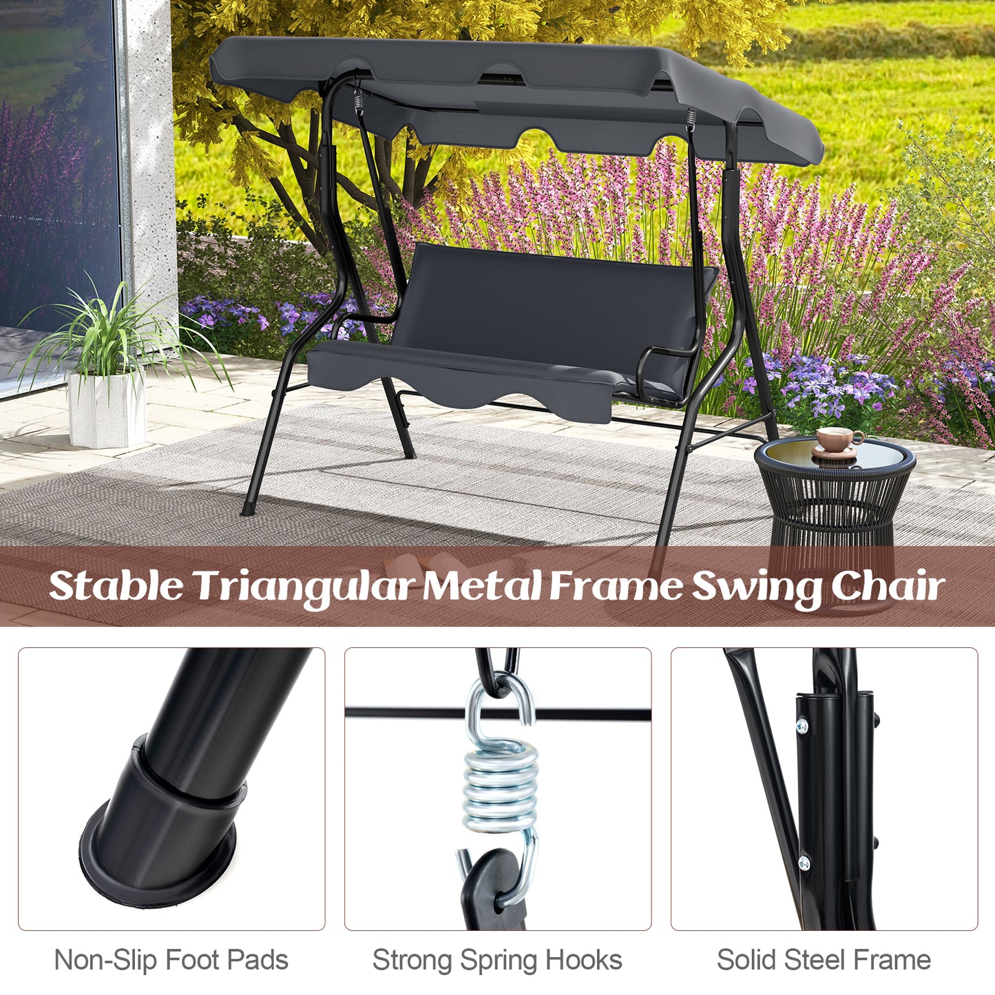 3-Seat Outdoor Patio Canopy Swing with Cushioned Steel Frame-Gray Kids Crystal