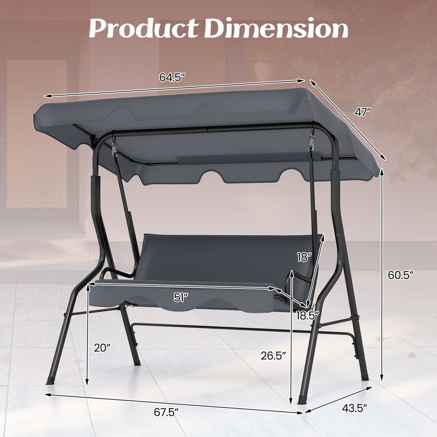3-Seat Outdoor Patio Canopy Swing with Cushioned Steel Frame-Gray Kids Crystal