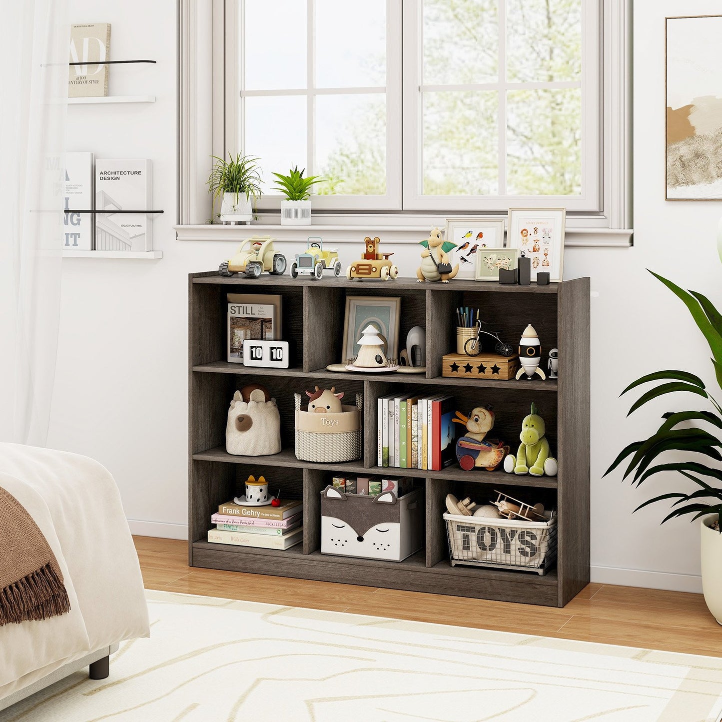 3-Tier Open Bookcase 8-Cube Floor Standing Storage Shelves Display Cabinet-Gray Kids Crystal