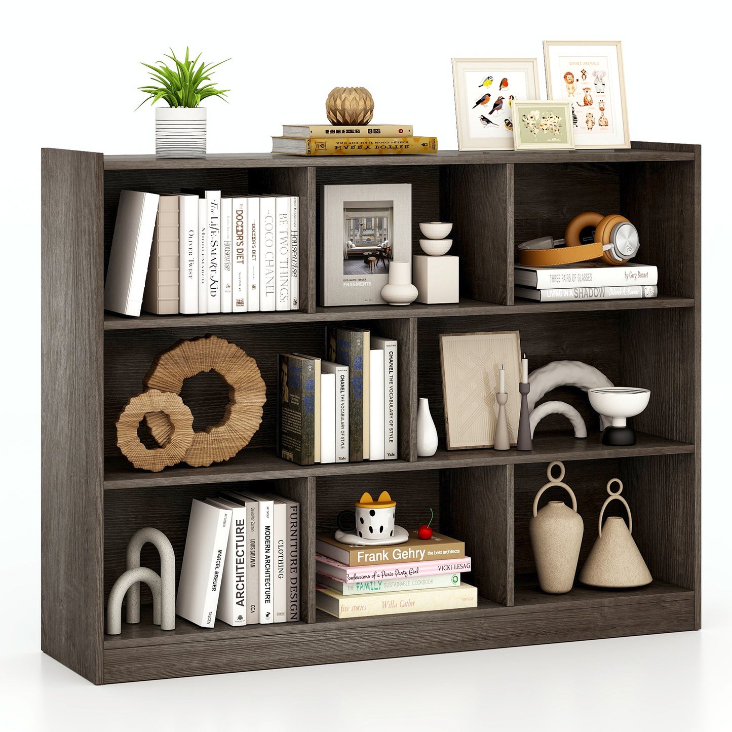 3-Tier Open Bookcase 8-Cube Floor Standing Storage Shelves Display Cabinet-Gray Kids Crystal