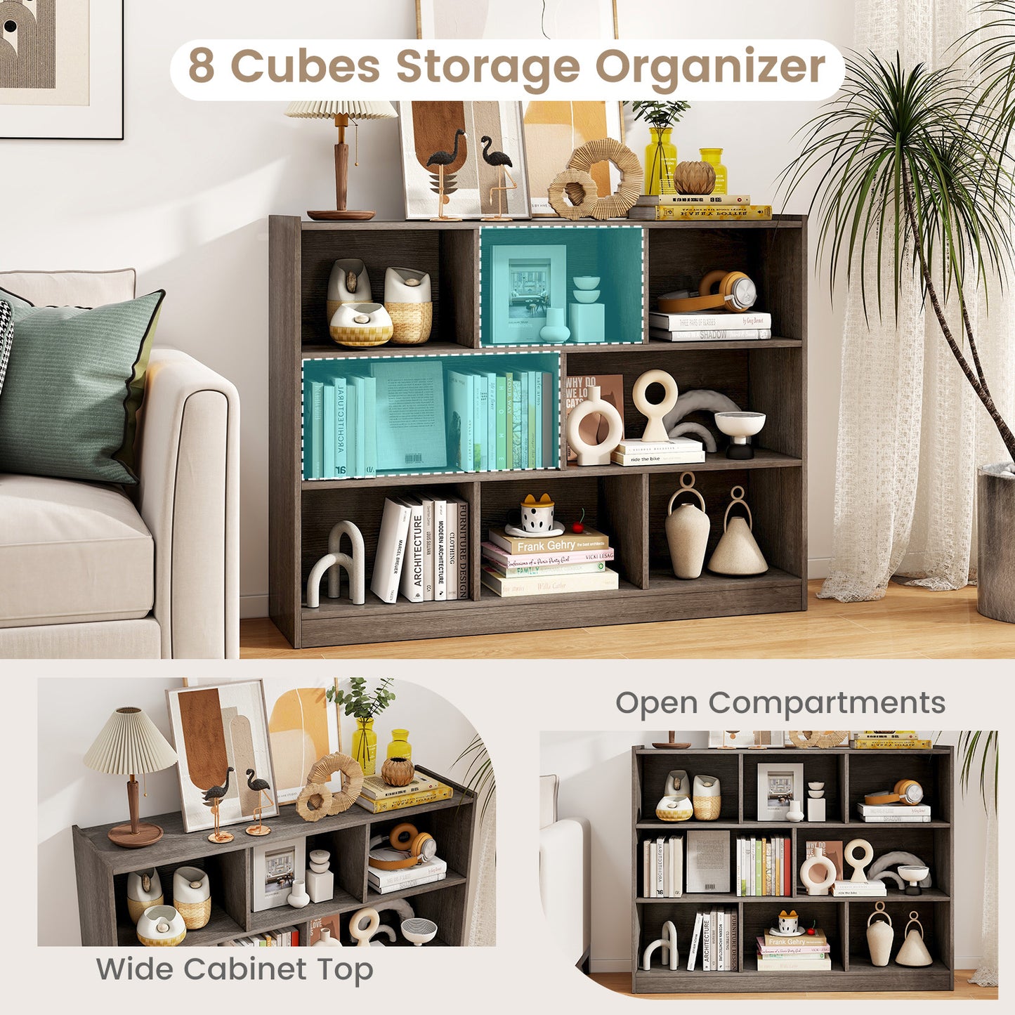 3-Tier Open Bookcase 8-Cube Floor Standing Storage Shelves Display Cabinet-Gray Kids Crystal