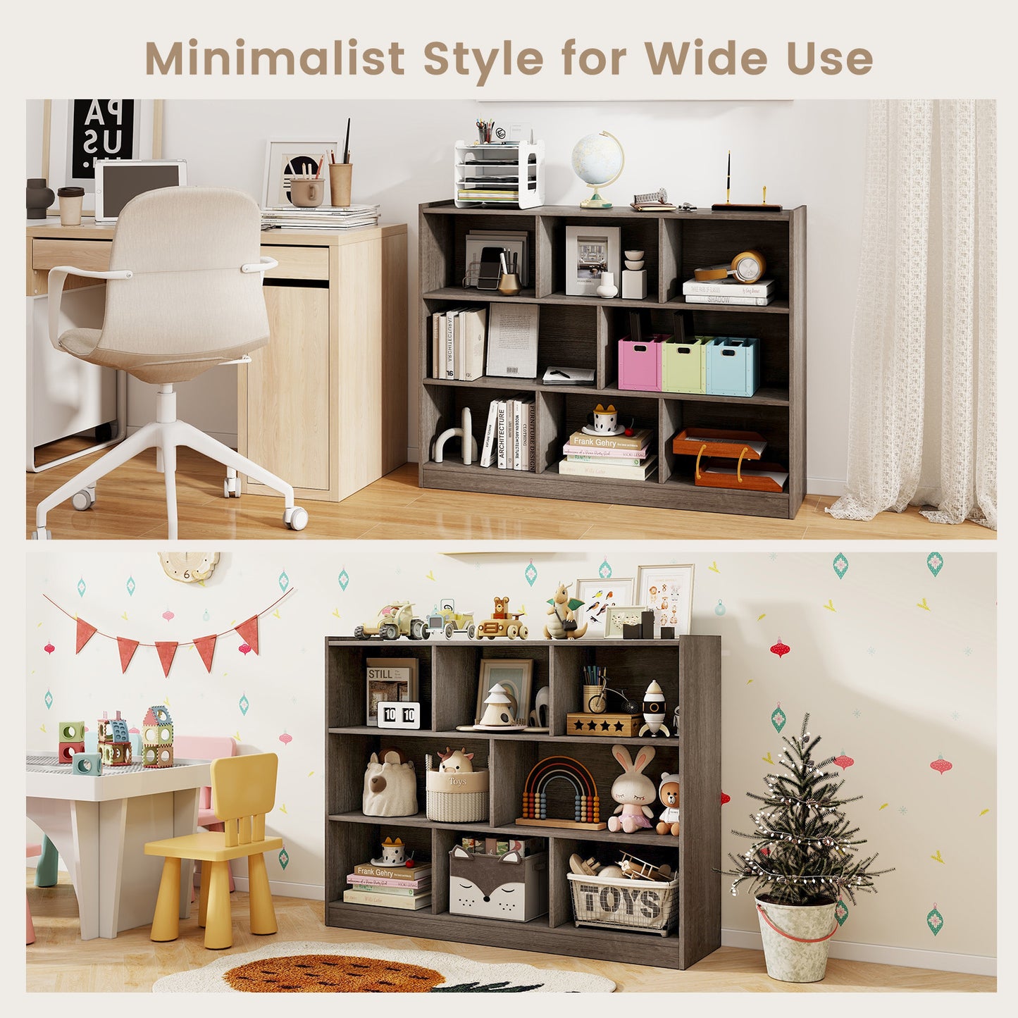 3-Tier Open Bookcase 8-Cube Floor Standing Storage Shelves Display Cabinet-Gray Kids Crystal