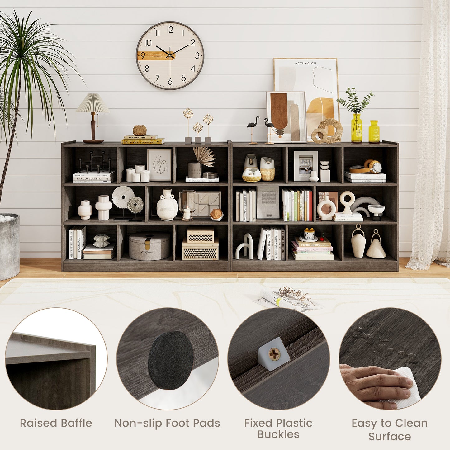 3-Tier Open Bookcase 8-Cube Floor Standing Storage Shelves Display Cabinet-Gray Kids Crystal