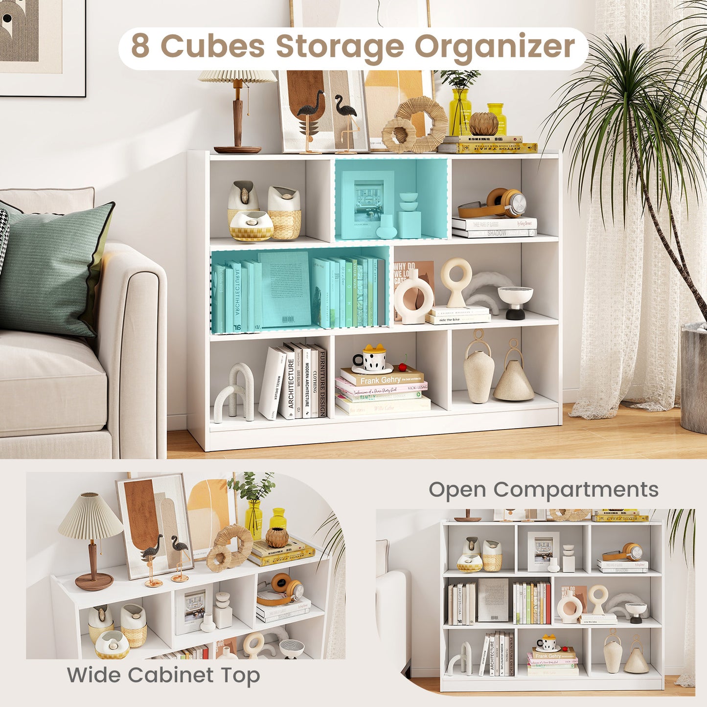 3-Tier Open Bookcase 8-Cube Floor Standing Storage Shelves Display Cabinet-White Kids Crystal