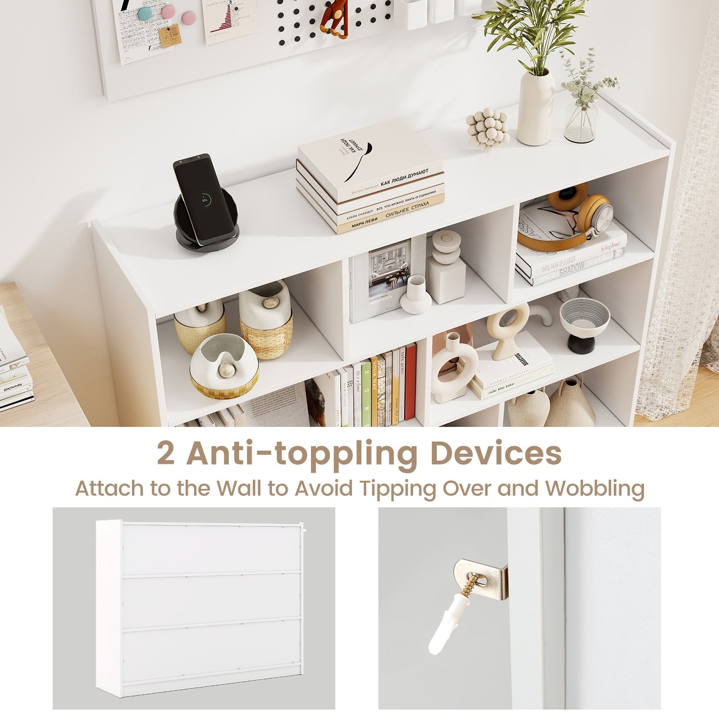 3-Tier Open Bookcase 8-Cube Floor Standing Storage Shelves Display Cabinet-White Kids Crystal