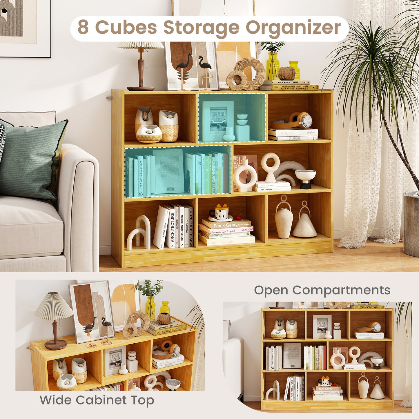 3-Tier Open Bookcase 8-Cube Floor Standing Storage Shelves Display Cabinet-Yellow Kids Crystal