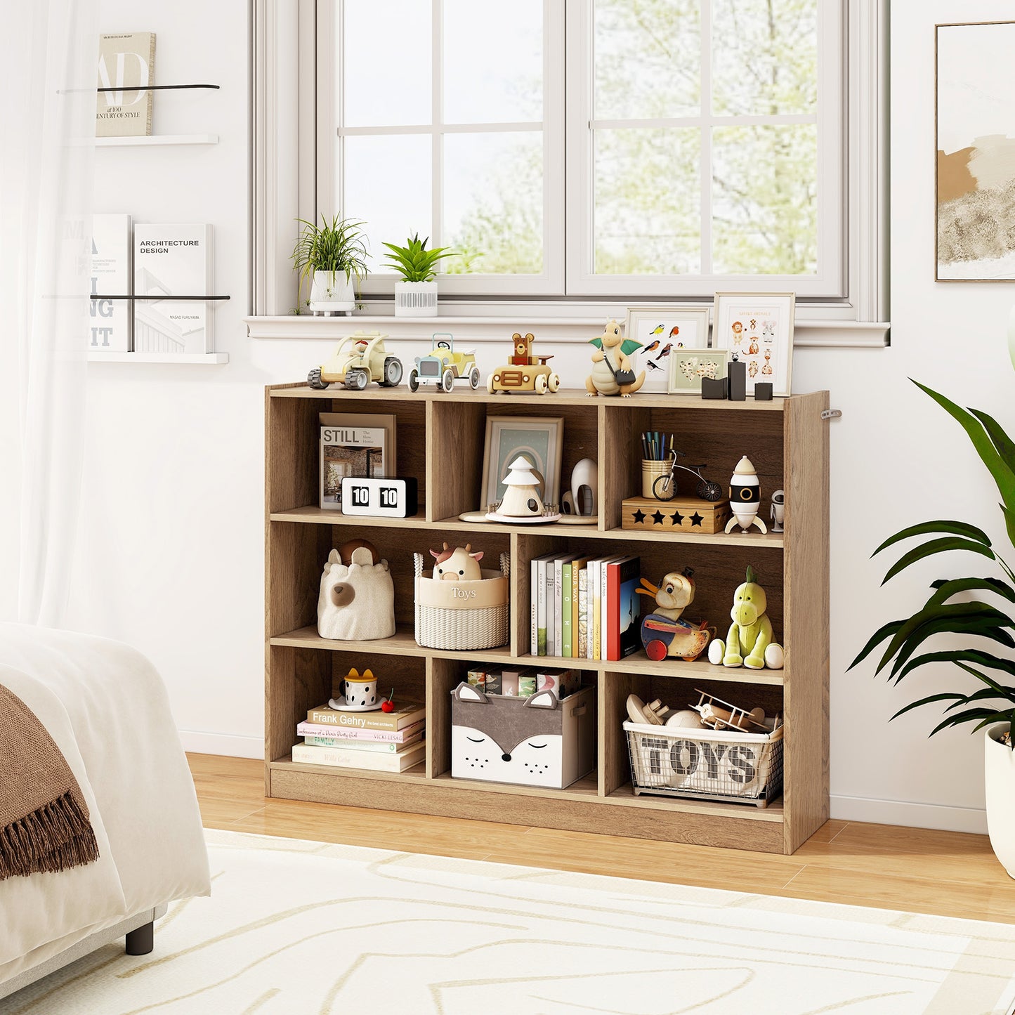 3-Tier Open Bookcase 8-Cube Floor Standing Storage Shelves-Natural Kids Crystal