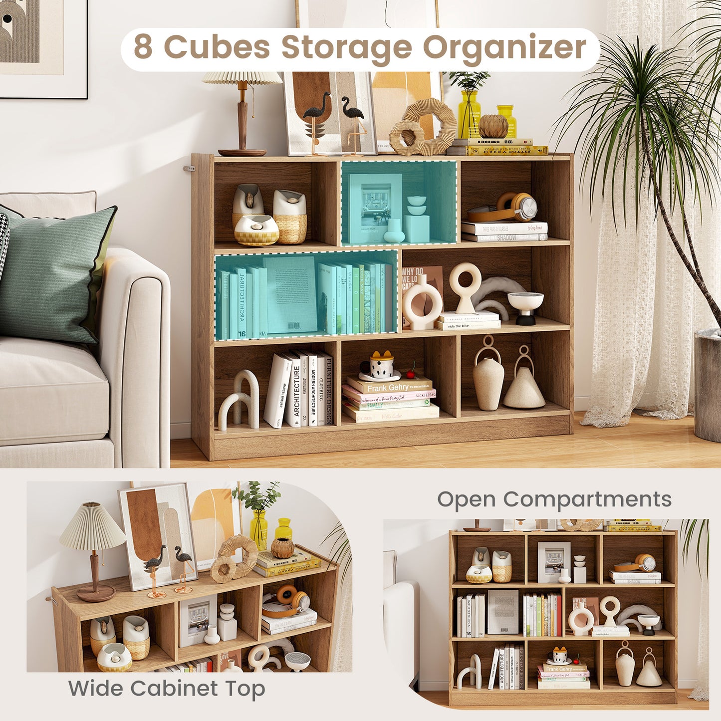 3-Tier Open Bookcase 8-Cube Floor Standing Storage Shelves-Natural Kids Crystal
