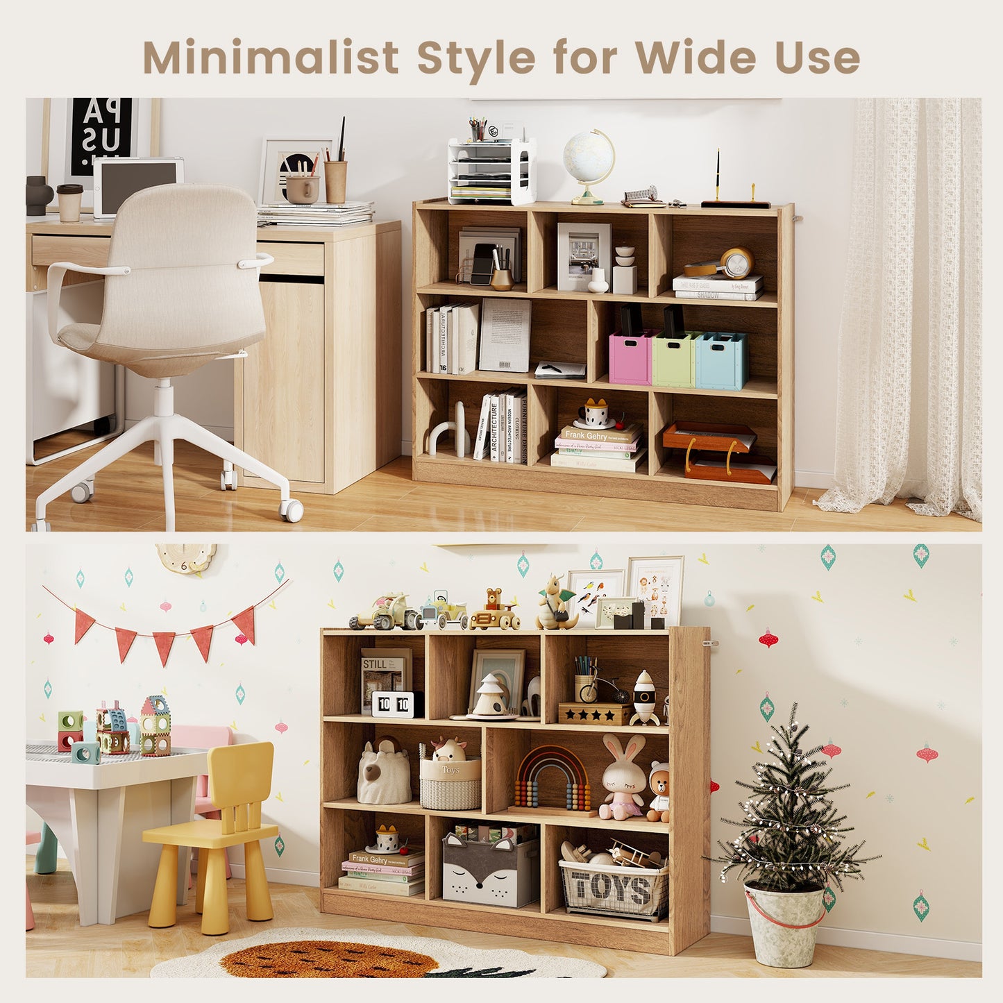 3-Tier Open Bookcase 8-Cube Floor Standing Storage Shelves-Natural Kids Crystal