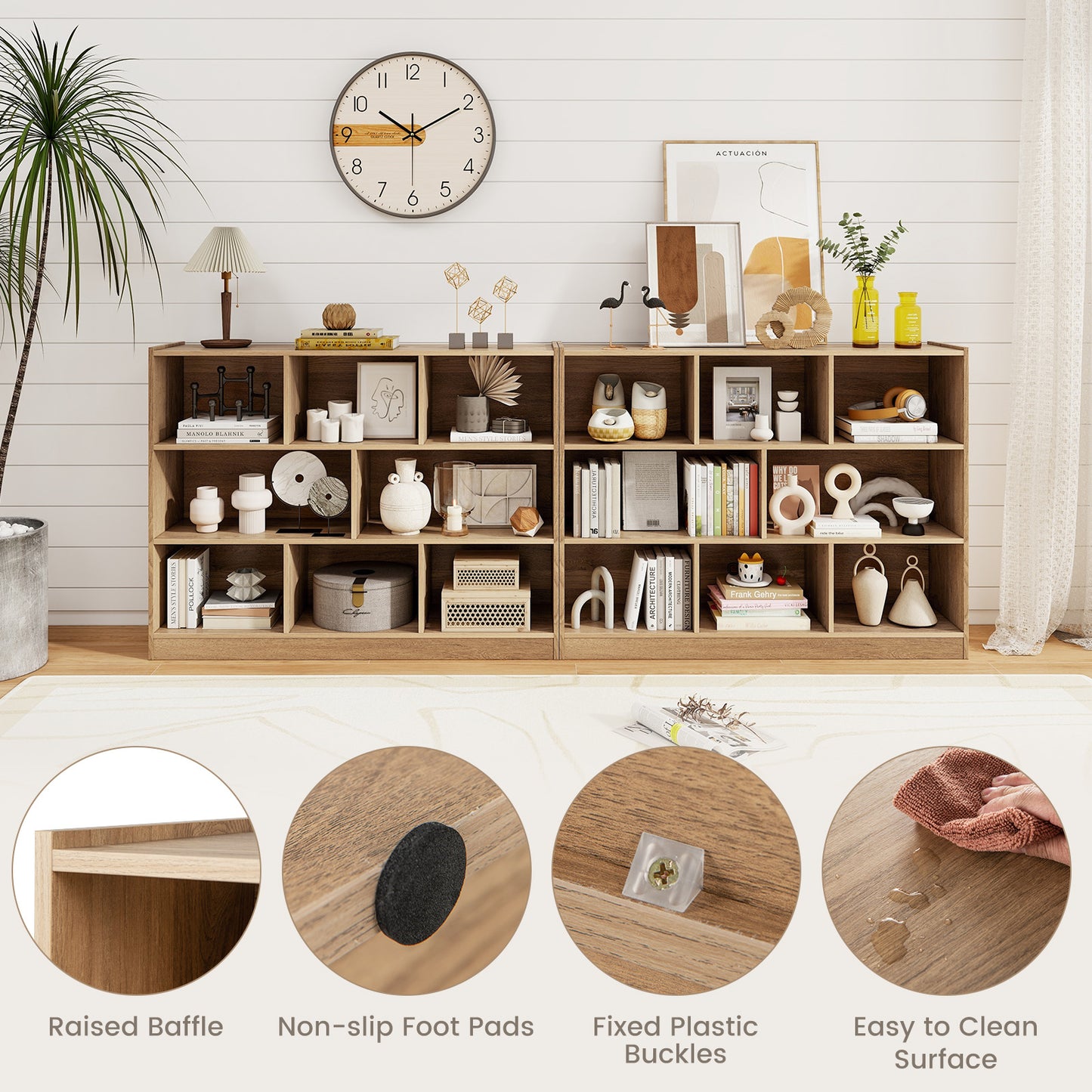 3-Tier Open Bookcase 8-Cube Floor Standing Storage Shelves-Natural Kids Crystal