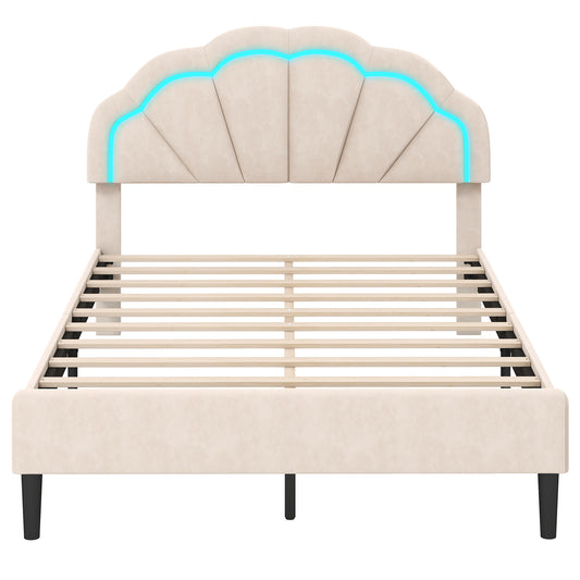 Upholstered LED Bed Frame with Adjustable Flower Headboard and Metal Support Feet-Full Size Kids Crystal