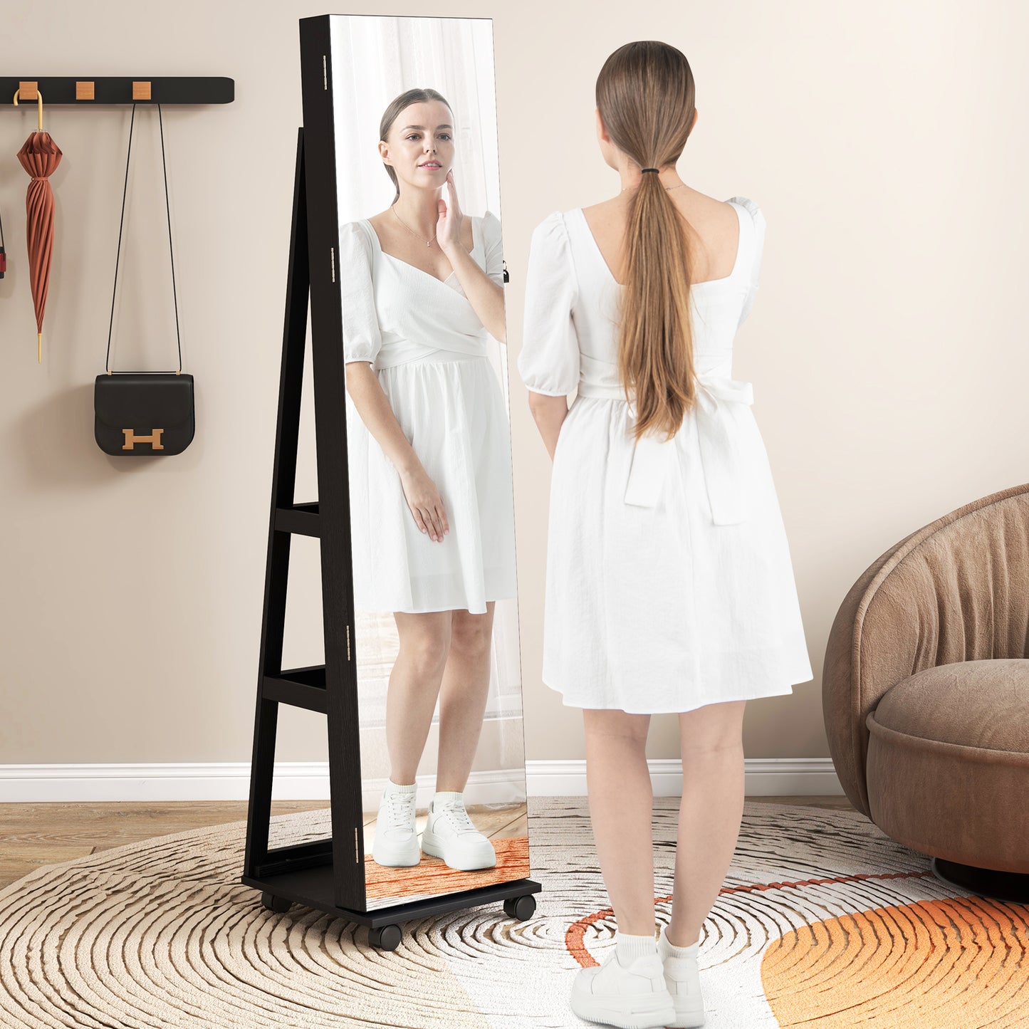 64 Inches Lockable Jewelry Cabinet Armoire with Built-in Makeup Mirror-Black Kids Crystal