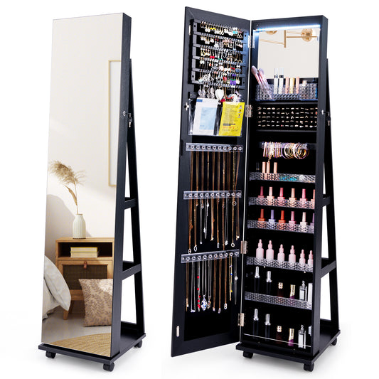 64 Inches Lockable Jewelry Cabinet Armoire with Built-in Makeup Mirror-Black Kids Crystal